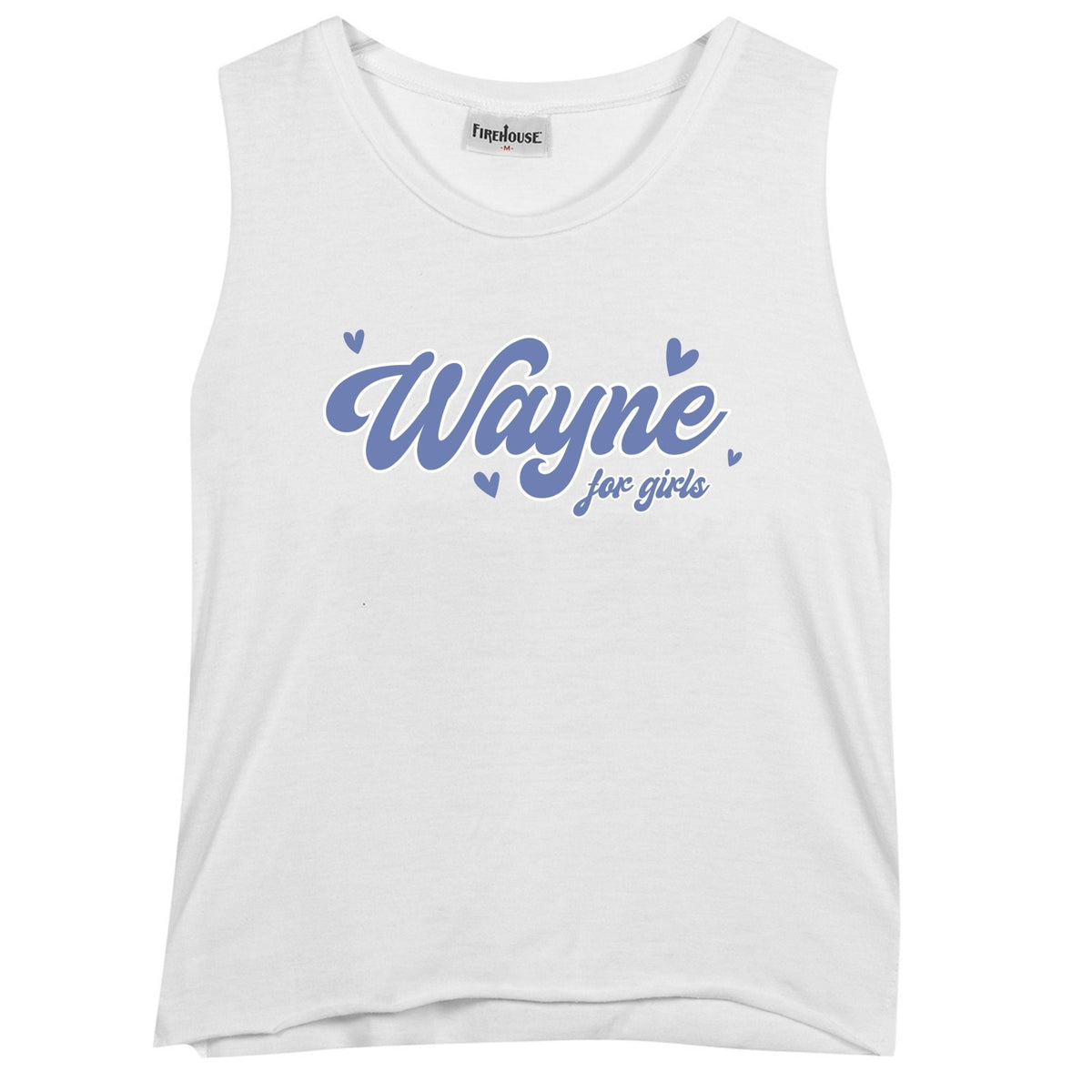 White sleeveless tank top with blue Wayne for girls text and small heart icons