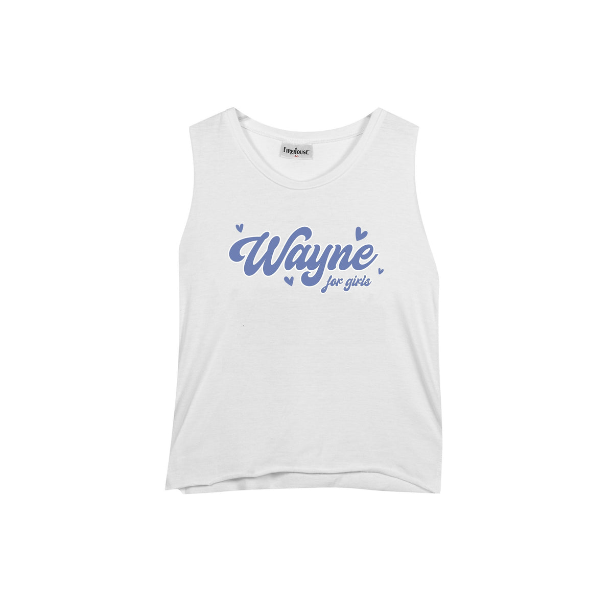 White sleeveless tank top with blue Wayne for girls text and small heart icons