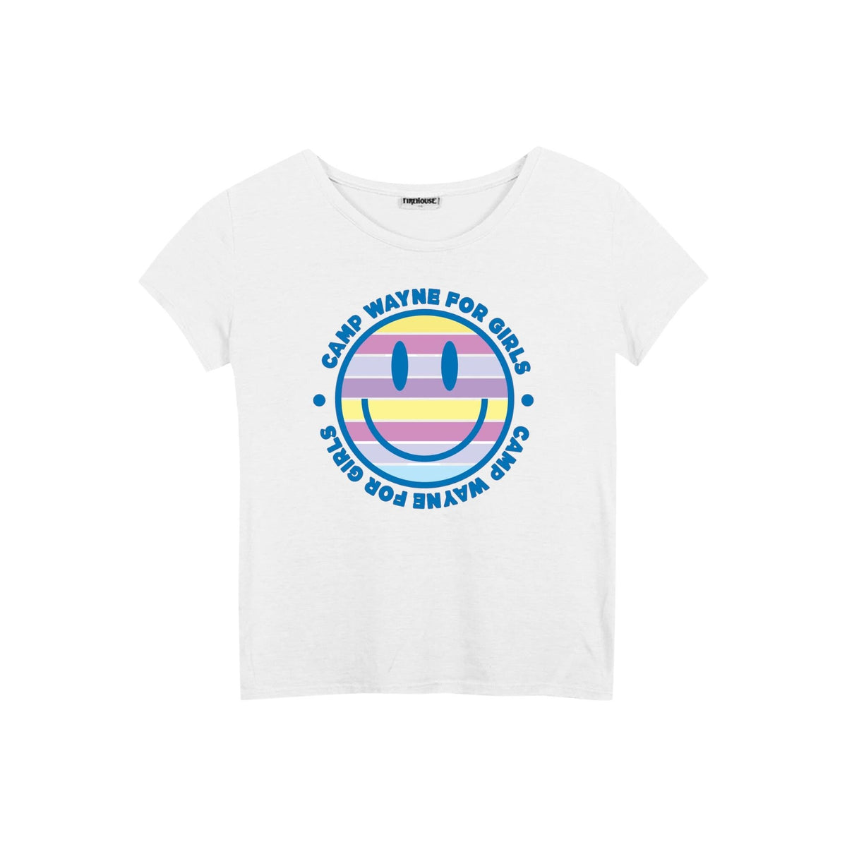 White t-shirt with a striped smiley face graphic and Camp Wayne For Girls text
