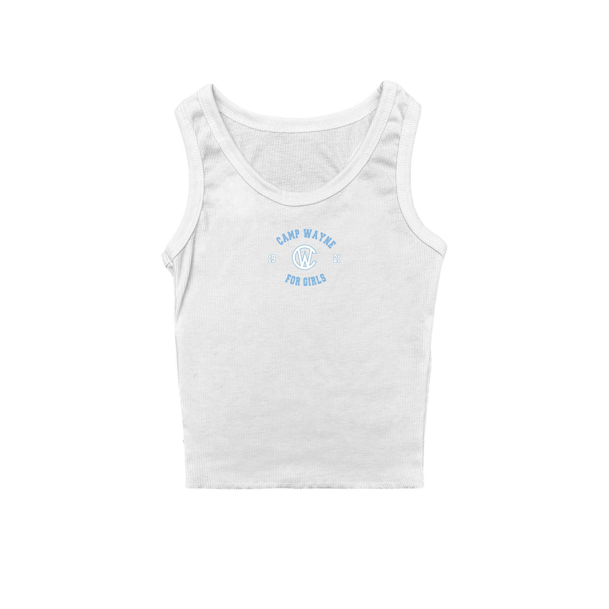 White ribbed tank top with blue Camp Wayne For Girls logo on chest
