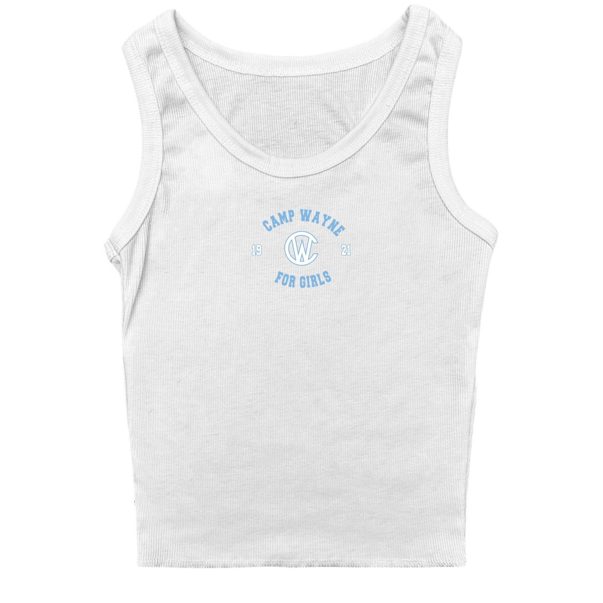 White ribbed tank top with blue Camp Wayne For Girls logo on chest