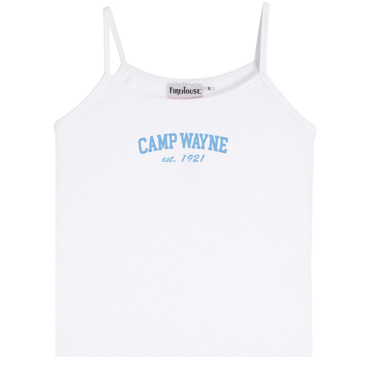 White ribbed camisole with blue Camp Wayne est 1921 text graphic