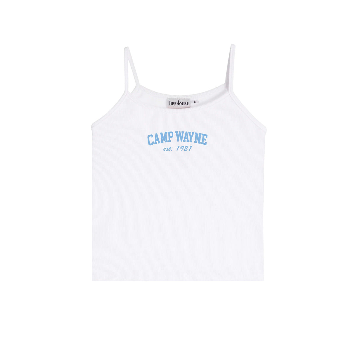 White ribbed camisole with blue Camp Wayne est 1921 text graphic