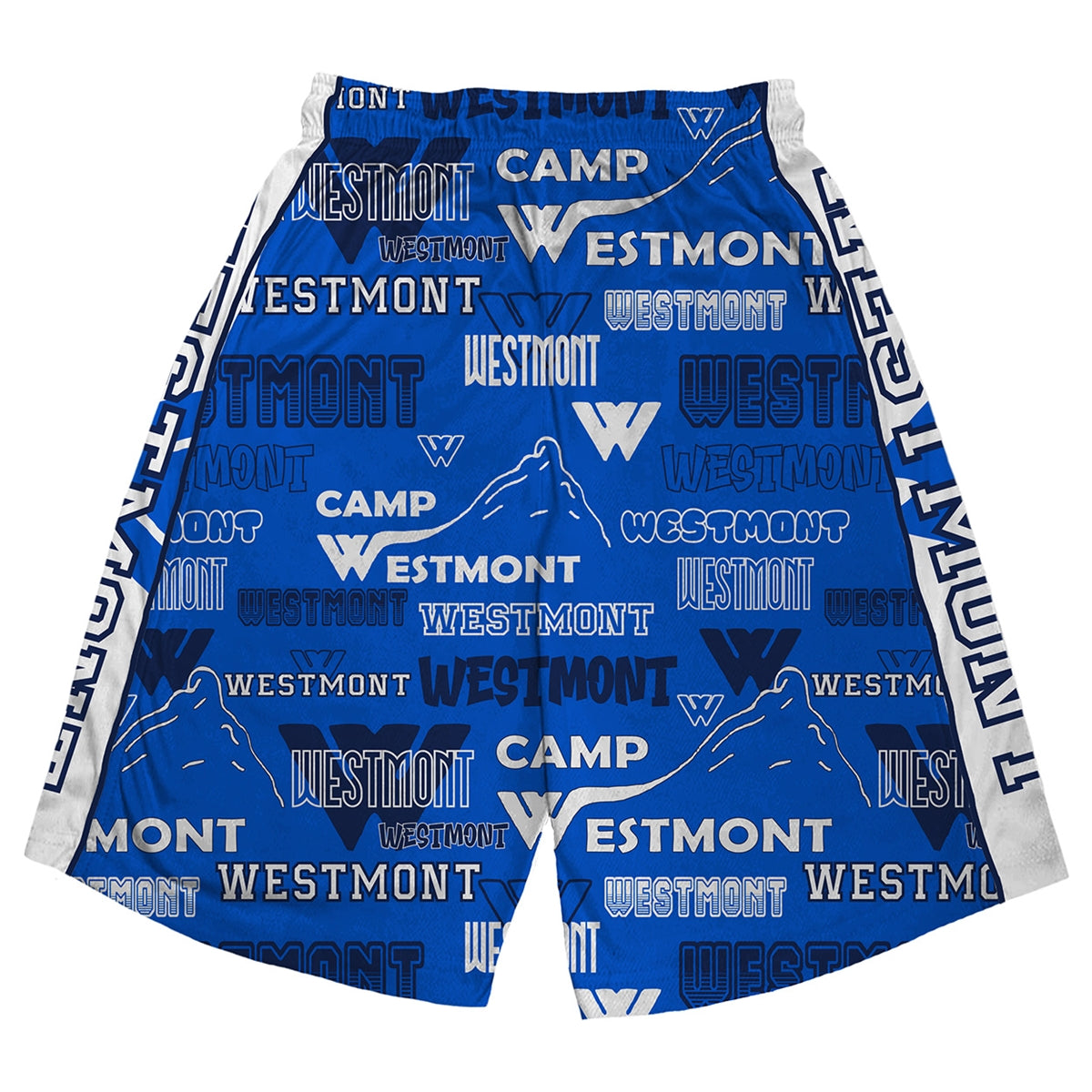 Blue athletic shorts with white Westmont Camp text and mountain graphic pattern