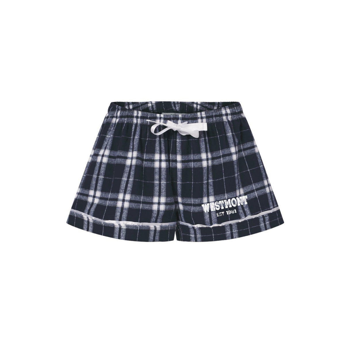 Navy and white plaid pajama shorts with white drawstring and Westmont Est 1981 text