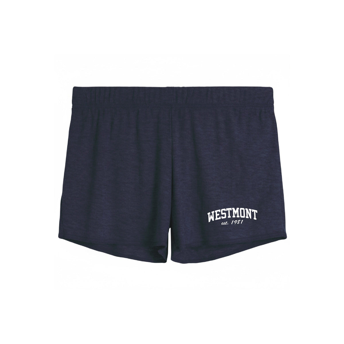 Navy blue ribbed athletic shorts with white Westmont est 1981 text graphic