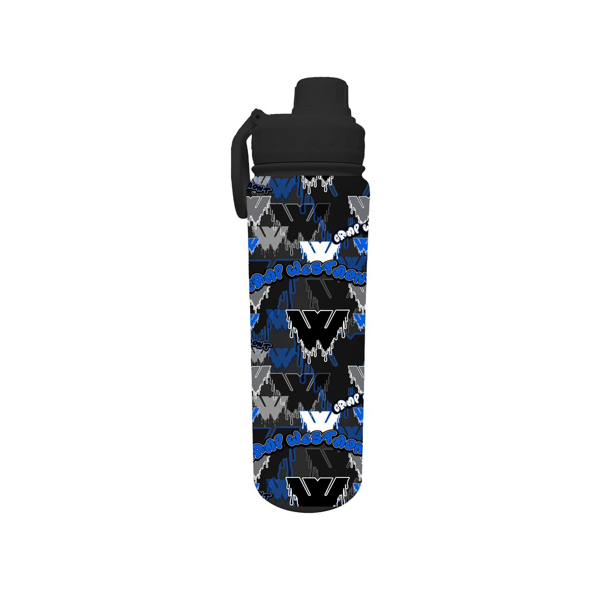 Black water bottle with blue and white Camp Westmont logo pattern