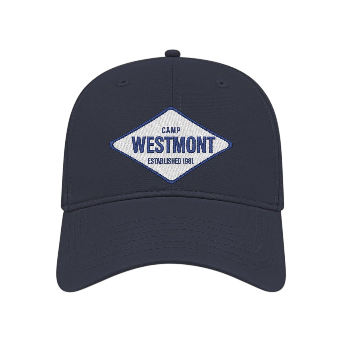 Navy baseball cap with a white diamond shaped patch featuring Camp Westmont Established 1981 text