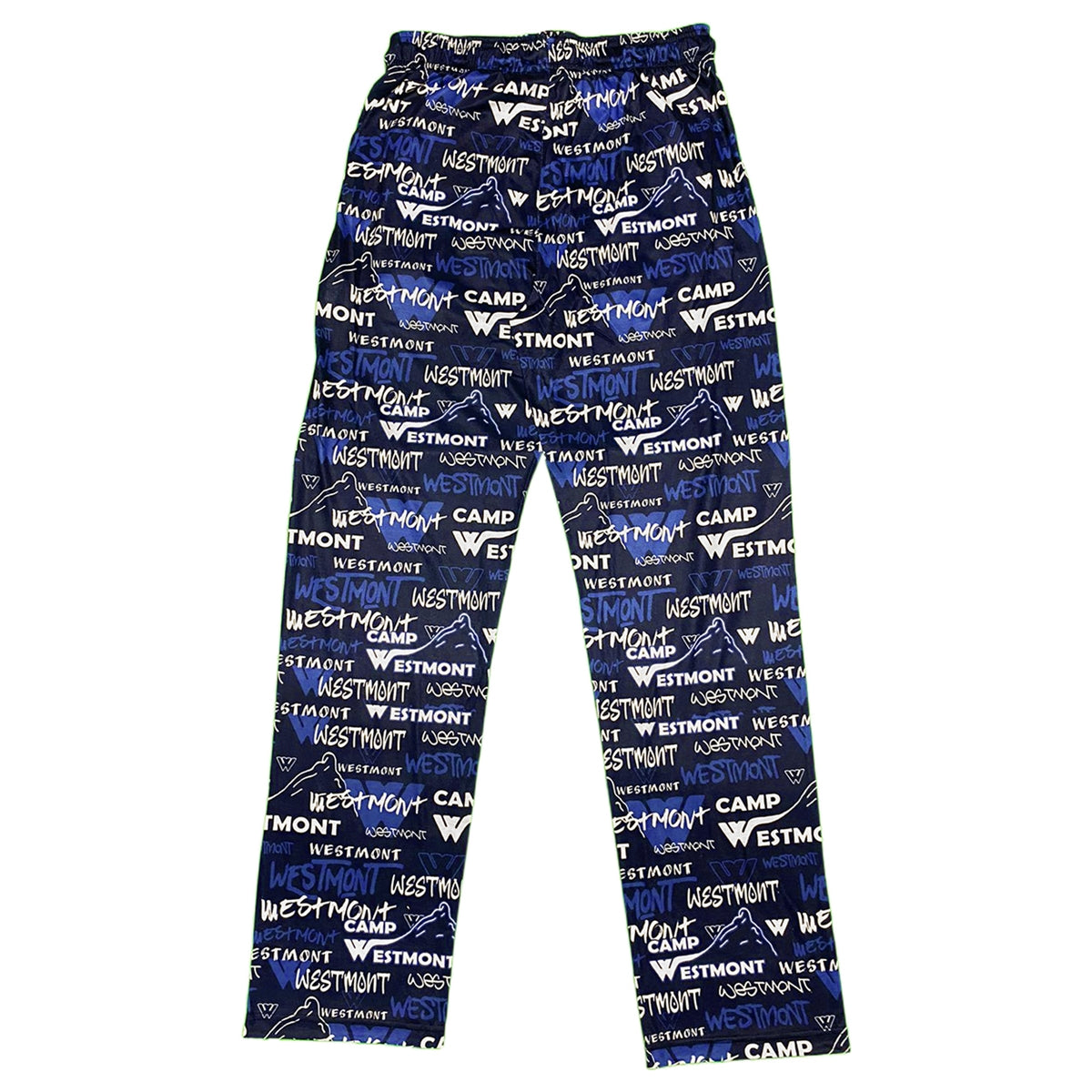 Navy blue lounge pants with white and light blue Westmont Camp text and mountain logo pattern