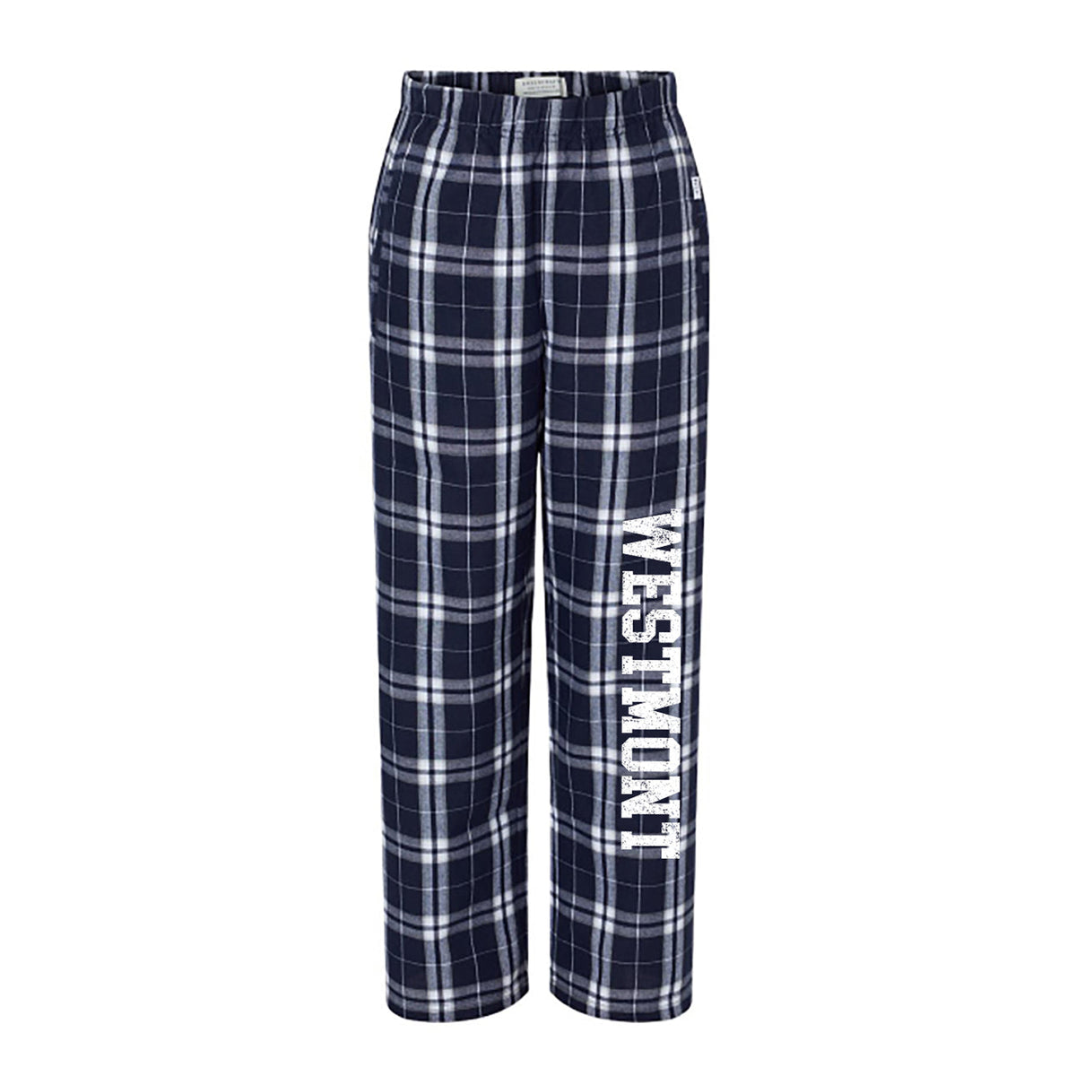 Navy and white plaid lounge pants with Westmont text printed on the left leg