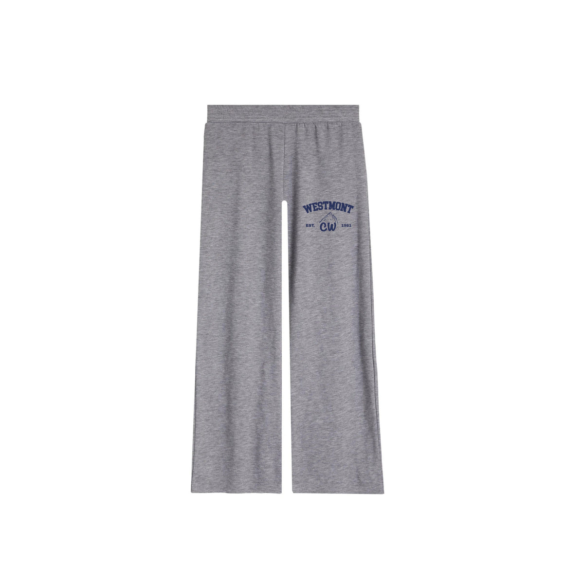 Grey wide leg sweatpants with Westmont graphic on the left thigh