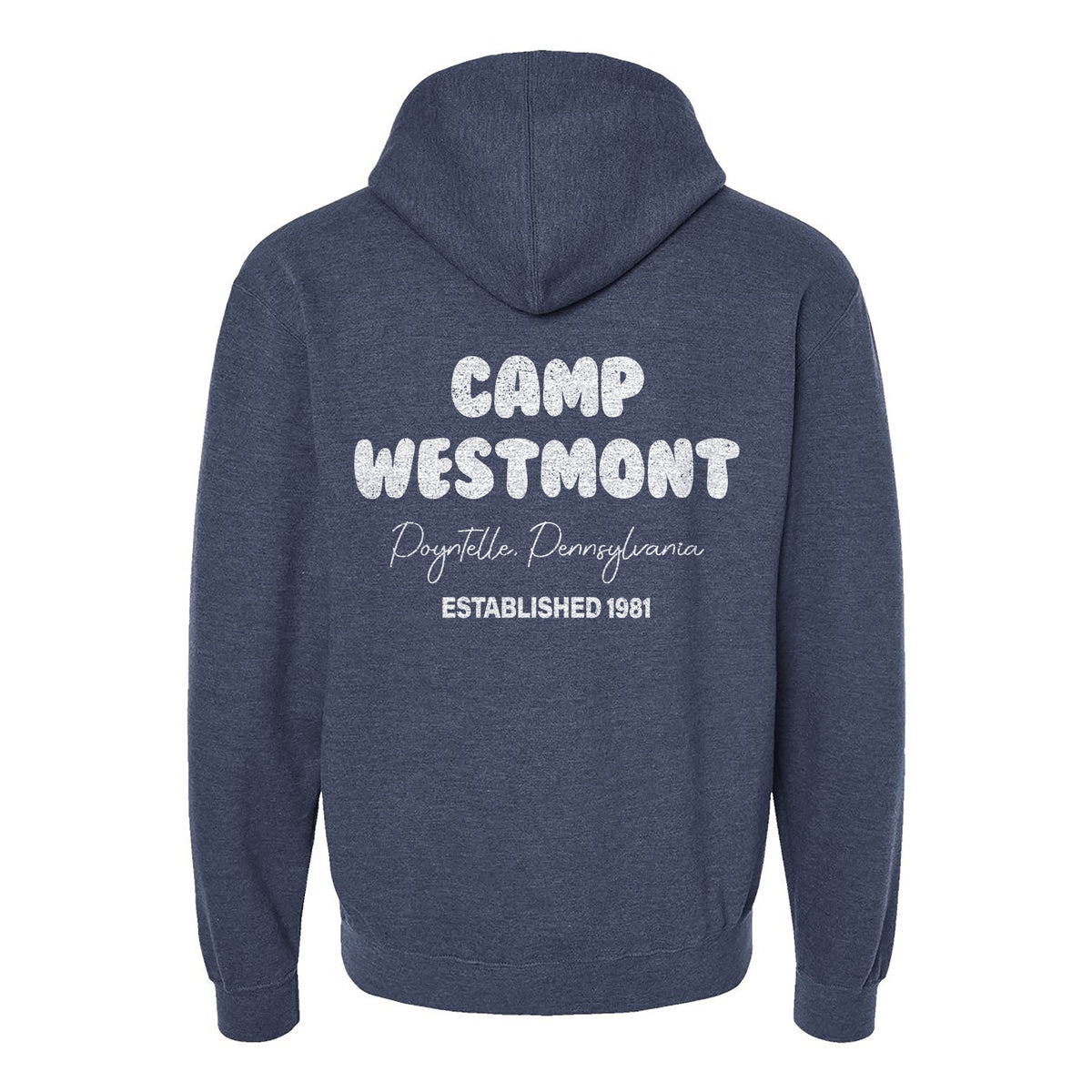 Navy blue hoodie with white Camp Westmont Poyntelle Pennsylvania Established 1981 text on the back