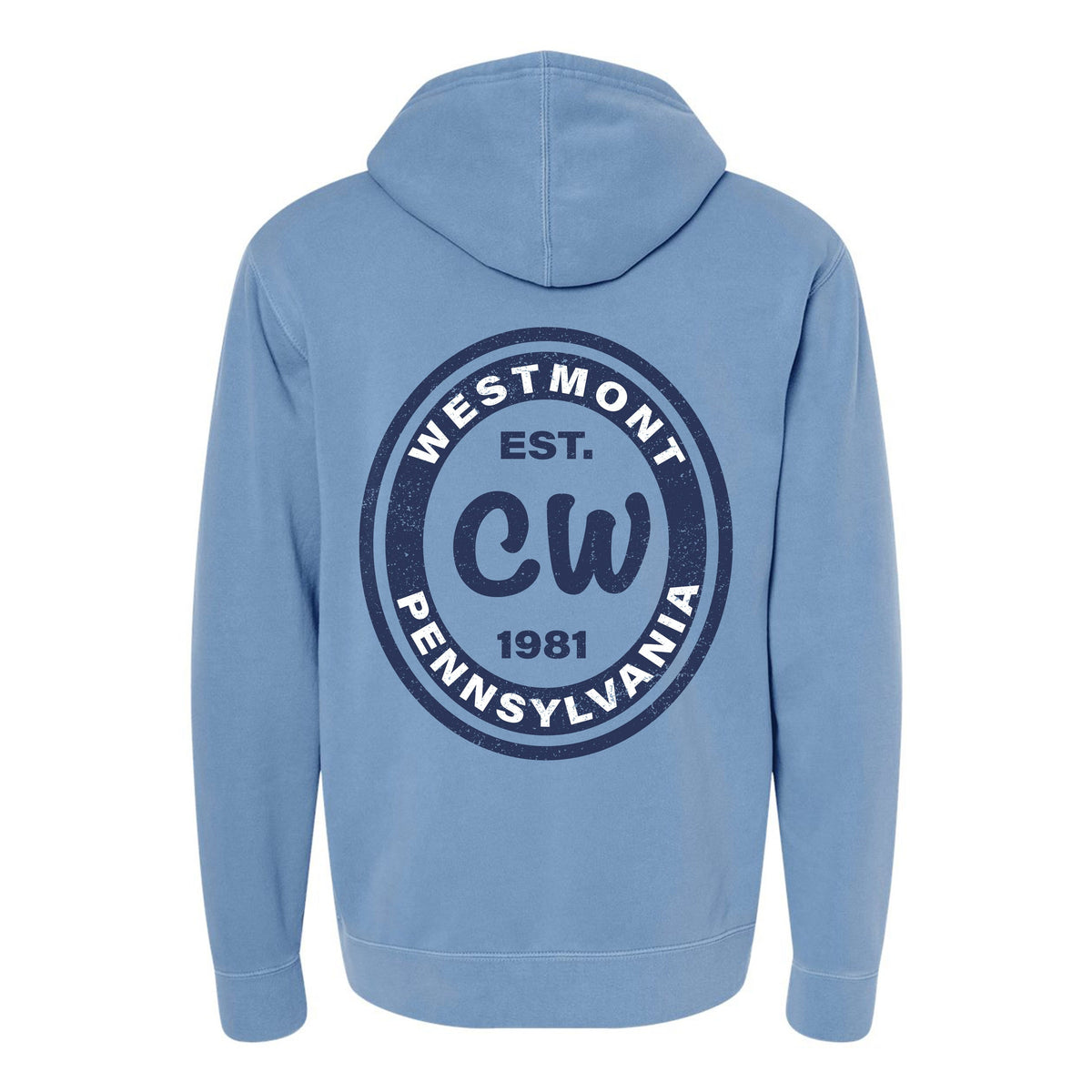Light blue hoodie with Westmont Pennsylvania 1981 circular graphic on the back