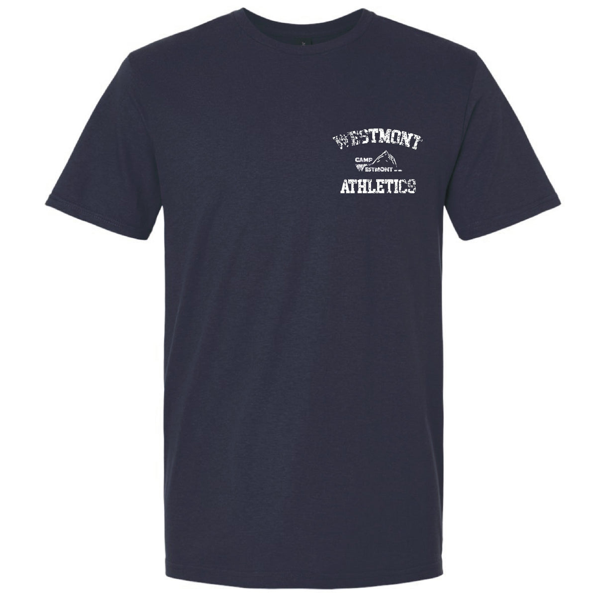 Navy blue short sleeve t-shirt with white Westmont Athletics logo on the chest