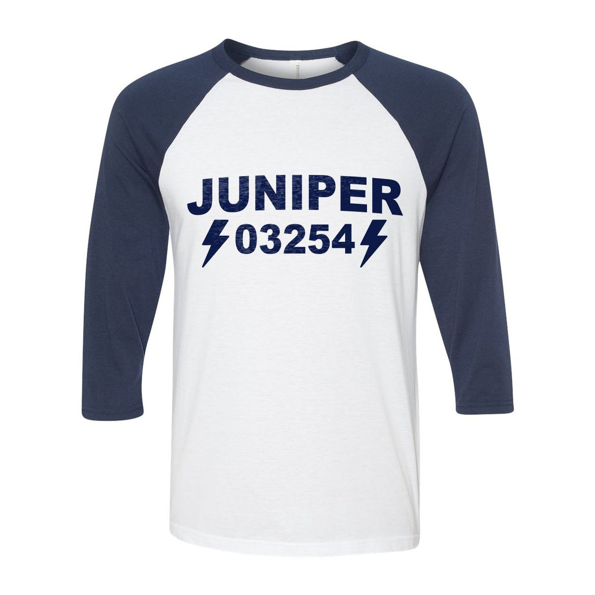 White baseball shirt with navy sleeves featuring the text JUNIPER 03254 and two lightning bolt icons