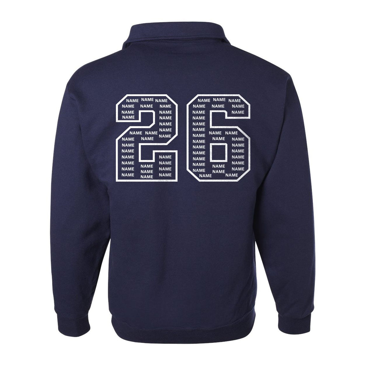 Navy blue hoodie back with white number 26 graphic filled with the word name repeated