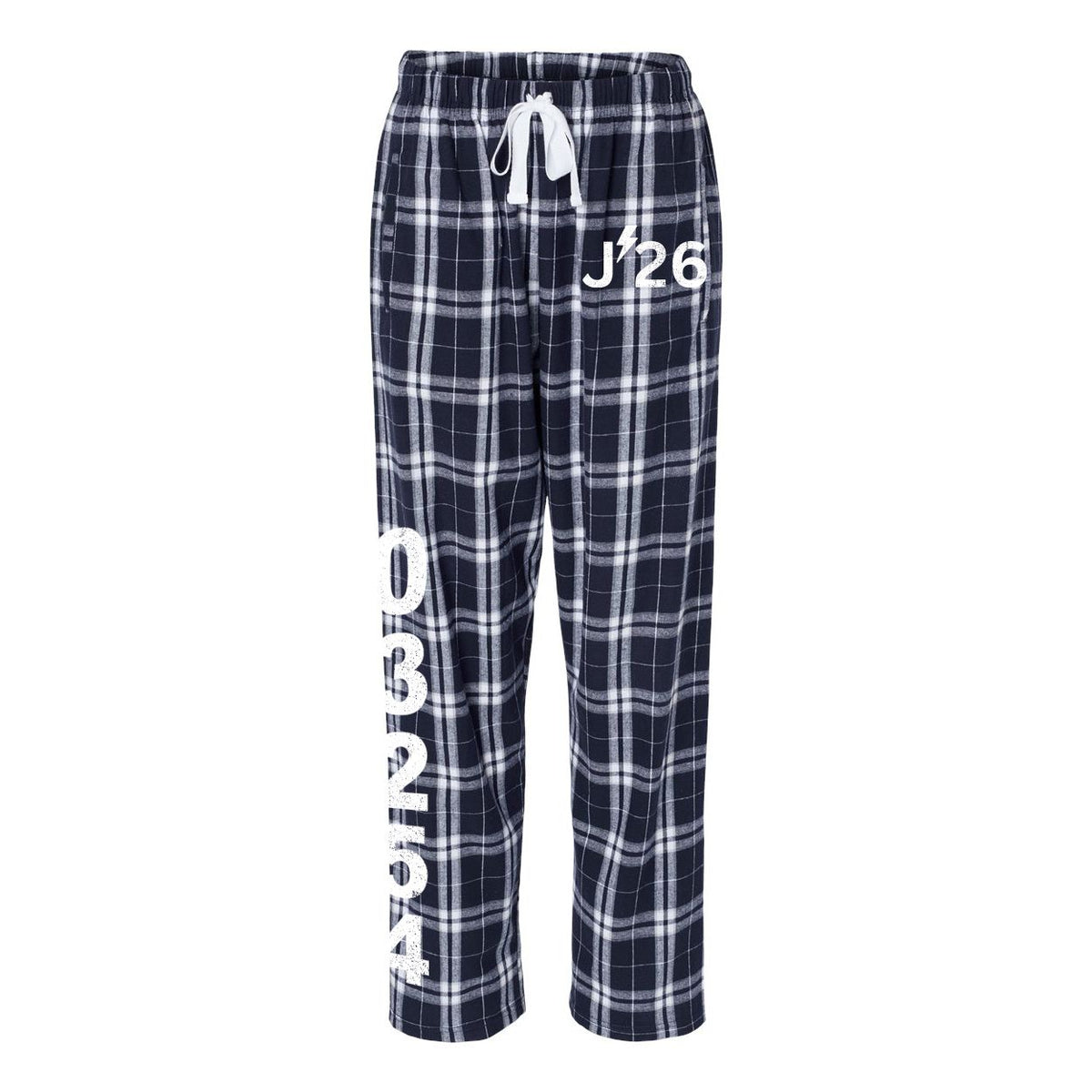 Navy and white plaid lounge pants with white drawstring and J26 graphic