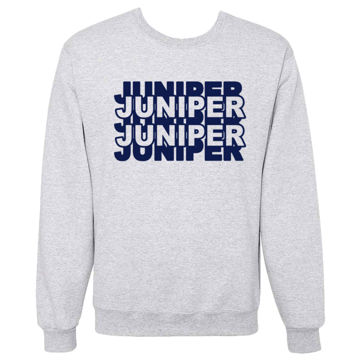 Light grey crewneck sweatshirt with stacked navy blue Juniper text graphic