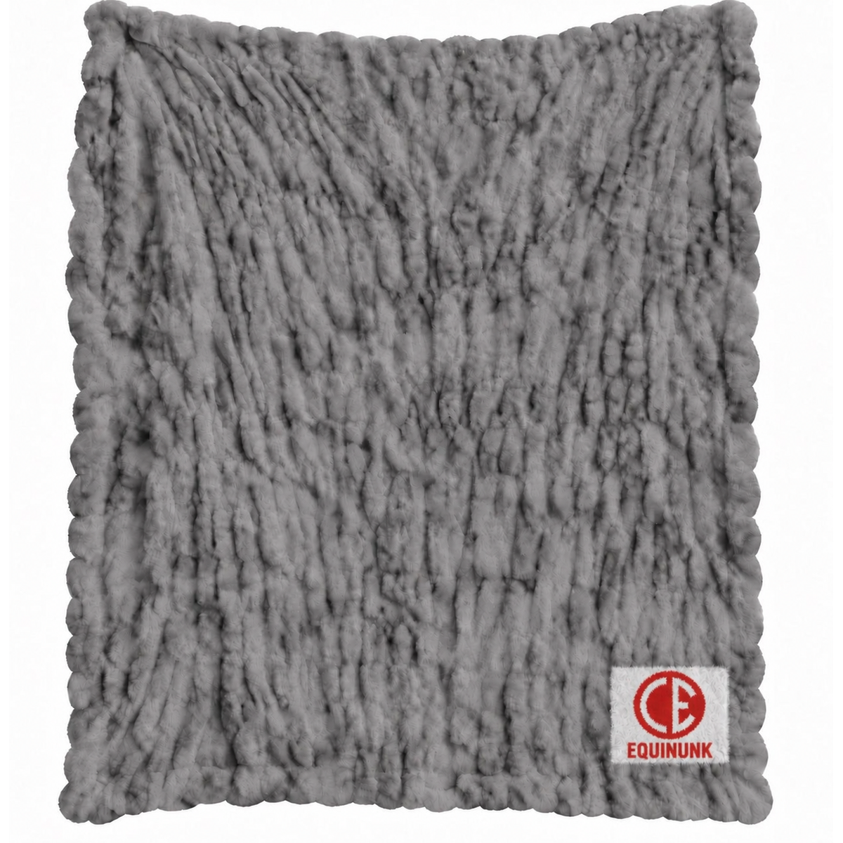 Grey textured faux fur blanket with Equinunk logo patch
