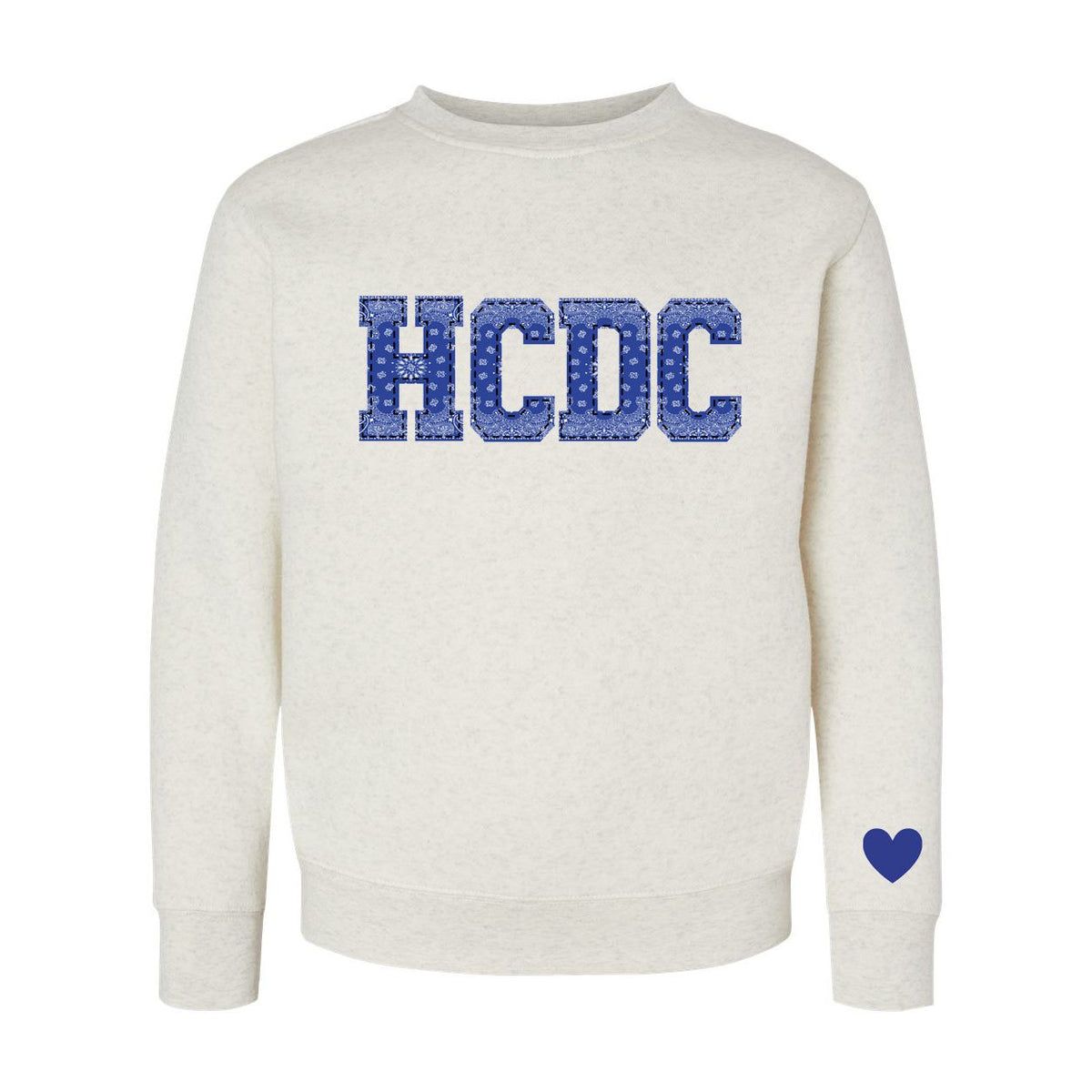 Oatmeal crewneck sweatshirt with blue bandana print HCDC lettering and small blue heart on the sleeve