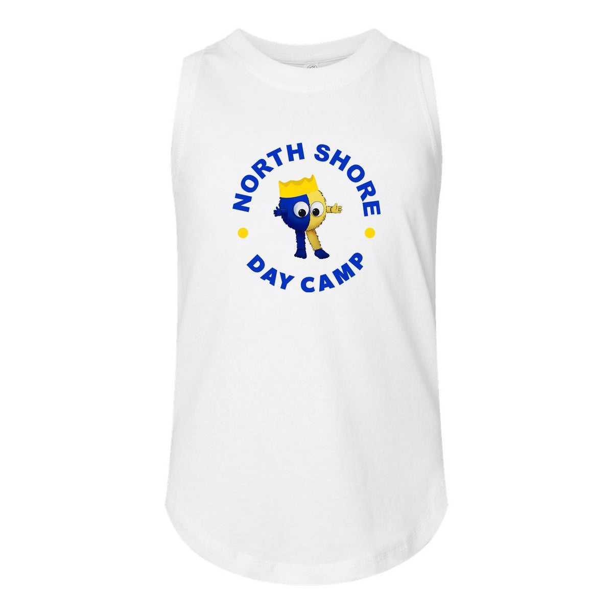 White sleeveless tank top with North Shore Day Camp logo featuring a split blue and yellow mascot wearing a crown
