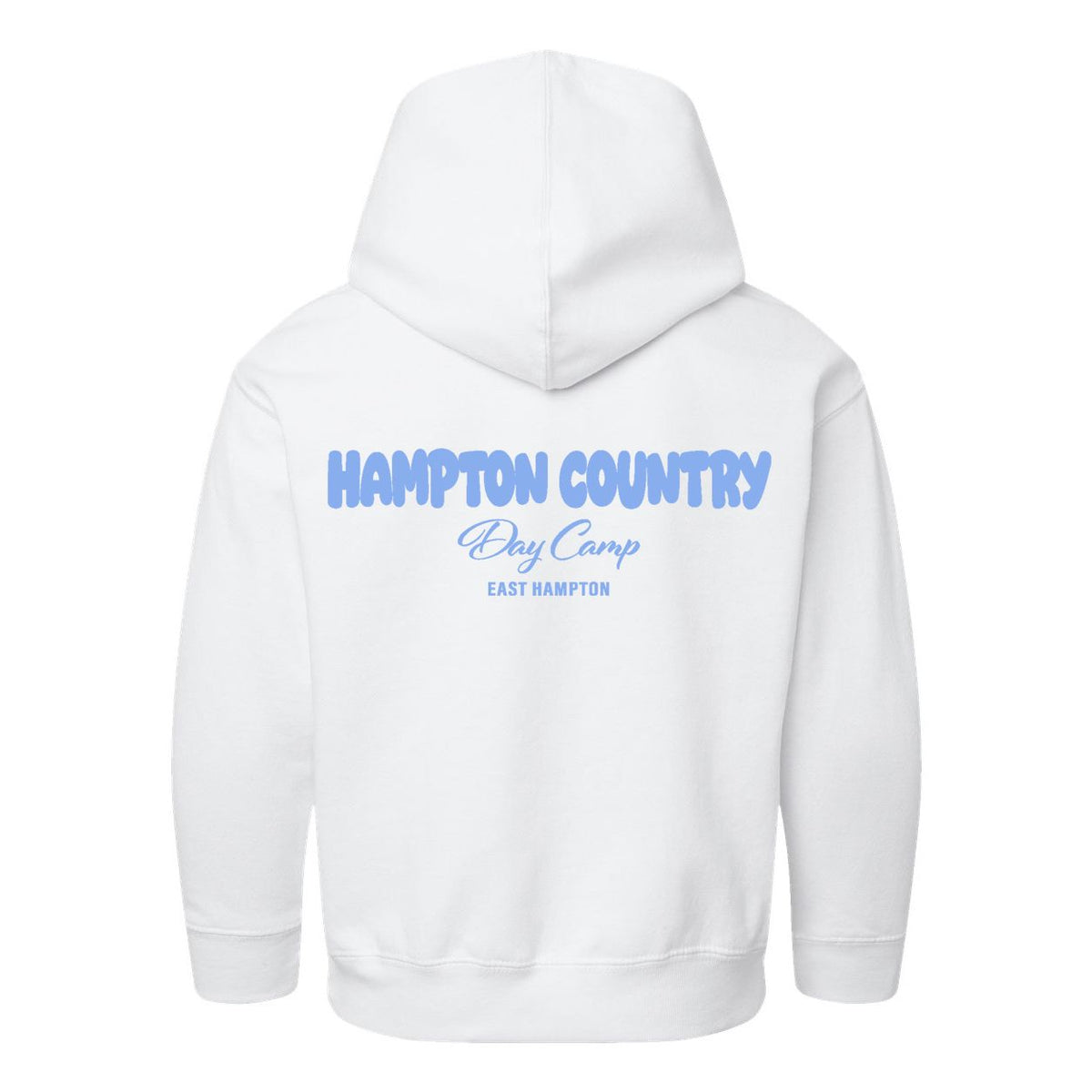 White hooded sweatshirt with Hampton Country Day Camp East Hampton text on the back