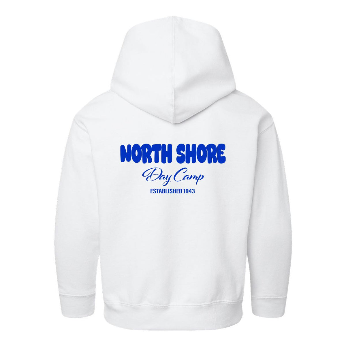 Back view of a white hoodie with North Shore Day Camp Established 1943 printed in blue text