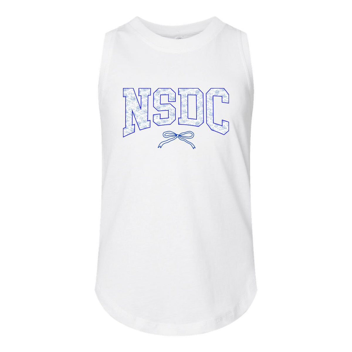 White sleeveless tank top with blue NSDC text and a small bow graphic