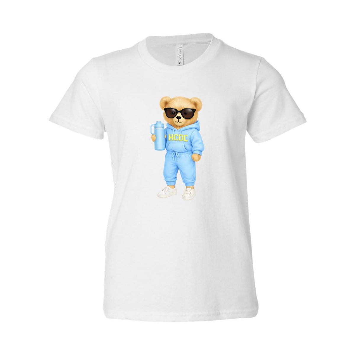 White t-shirt featuring a teddy bear wearing sunglasses and a blue HCDC hoodie holding a water bottle