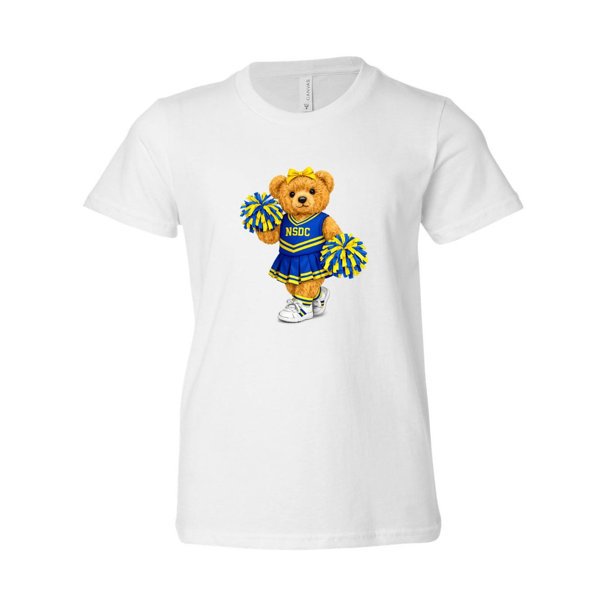 White t-shirt featuring a teddy bear dressed as a cheerleader with blue and yellow pom poms and NSDC logo