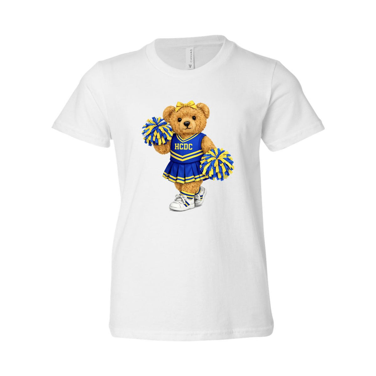 White t-shirt featuring a teddy bear dressed as a cheerleader with blue and yellow pom poms
