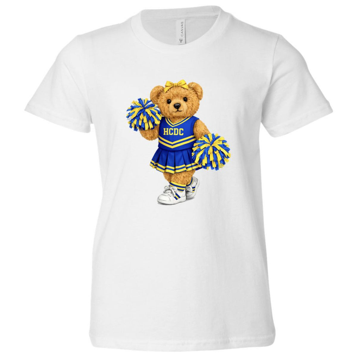 White t-shirt featuring a teddy bear dressed as a cheerleader with blue and yellow pom poms