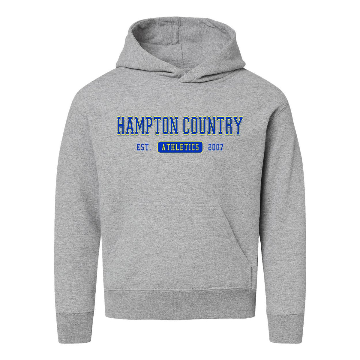 Grey pullover hoodie with Hampton Country Athletics text graphic