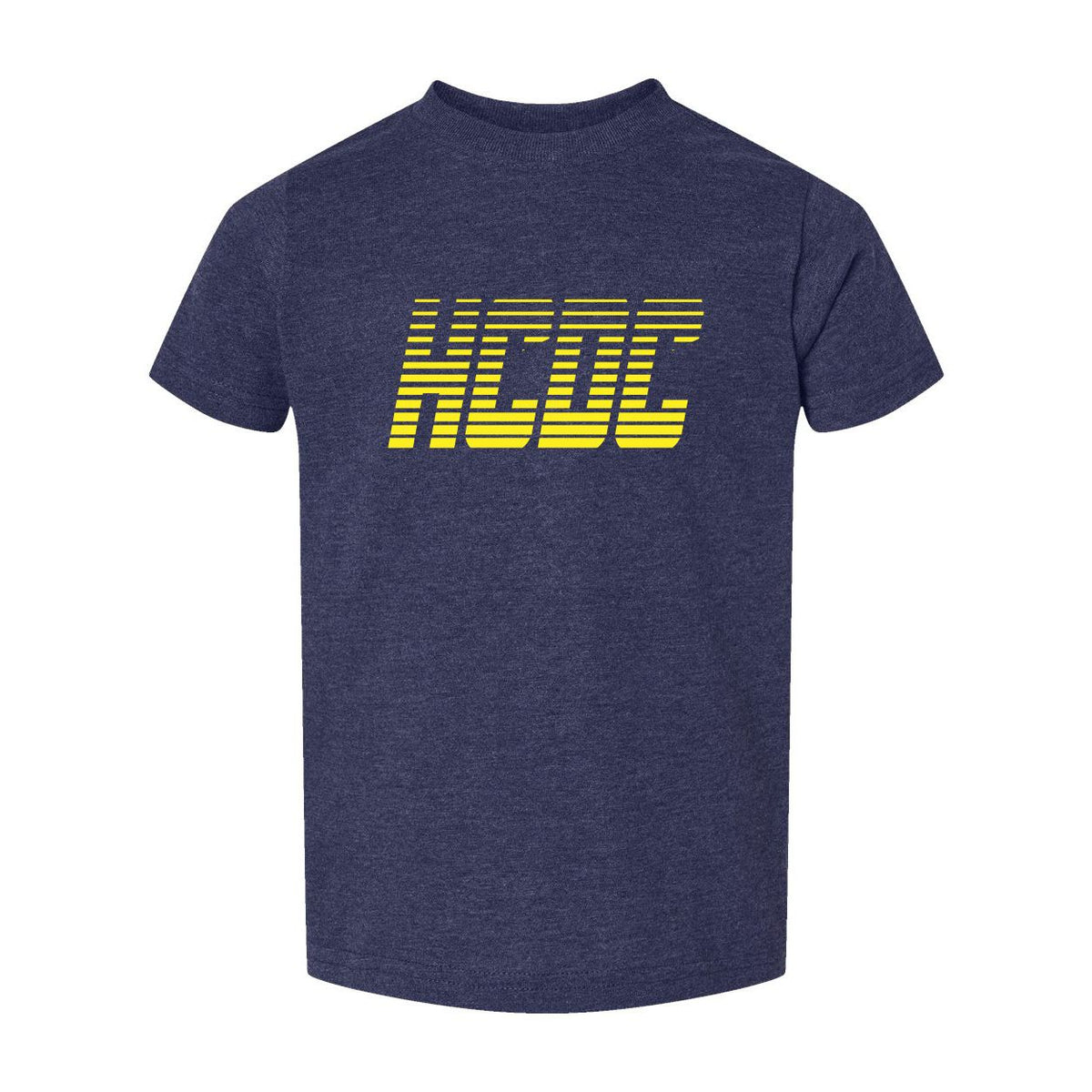 Navy blue short sleeve t-shirt with yellow striped HCDC logo graphic