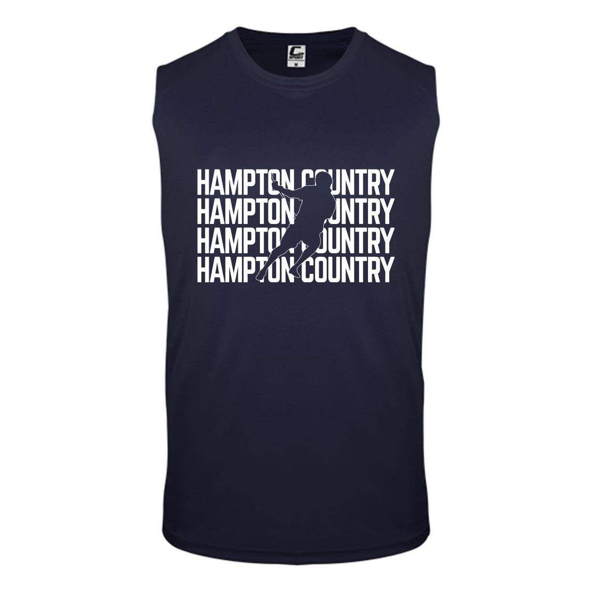 Navy sleeveless athletic shirt with white Hampton Country text and a silhouette of a football player