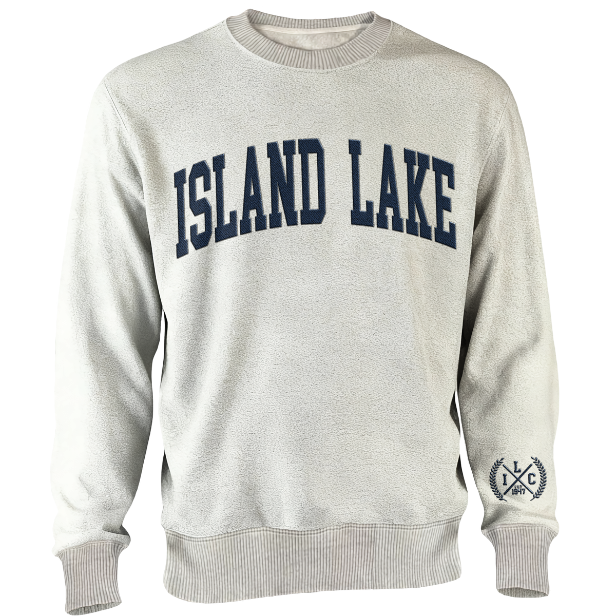 Light grey crewneck sweatshirt with Island Lake text in navy blue and a small logo on the left sleeve