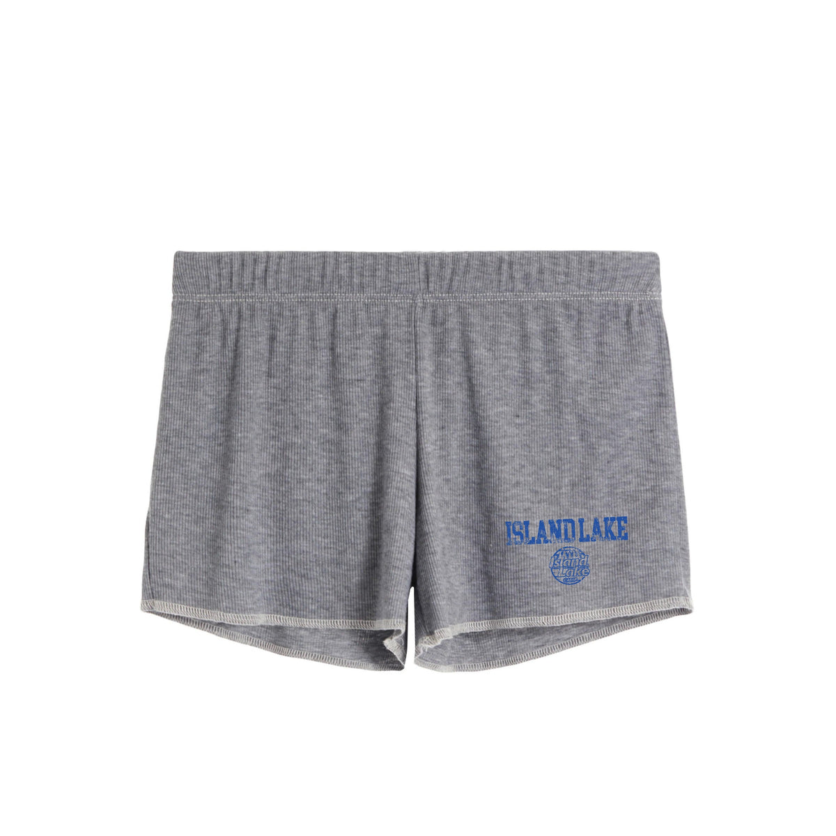 Grey ribbed lounge shorts with Island Lake Camp logo