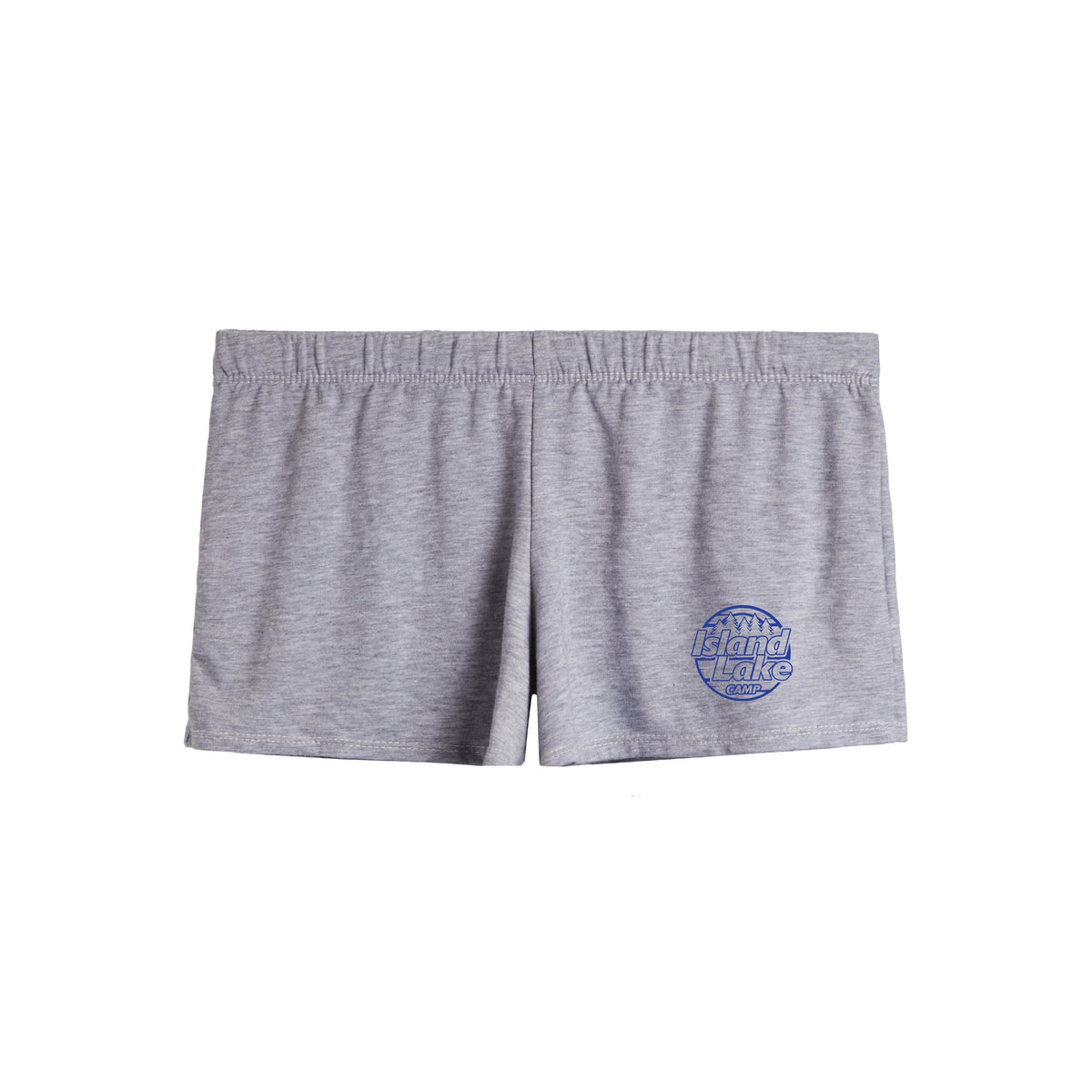 Grey athletic shorts with Island Lake Camp logo