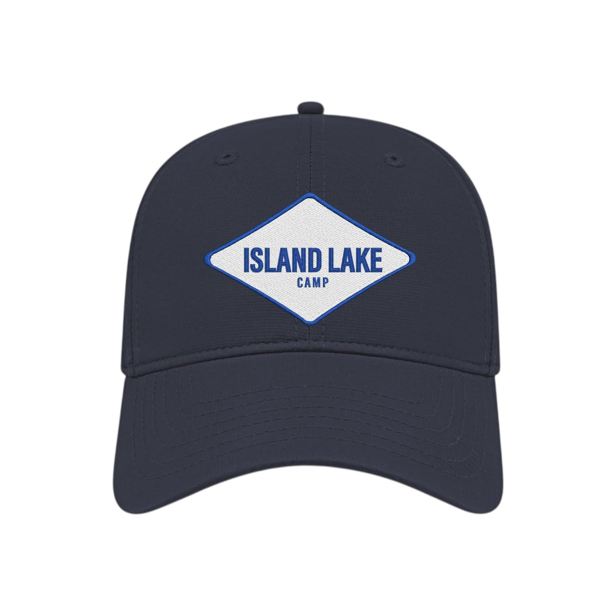 Navy blue baseball cap with a white diamond patch featuring the text Island Lake Camp