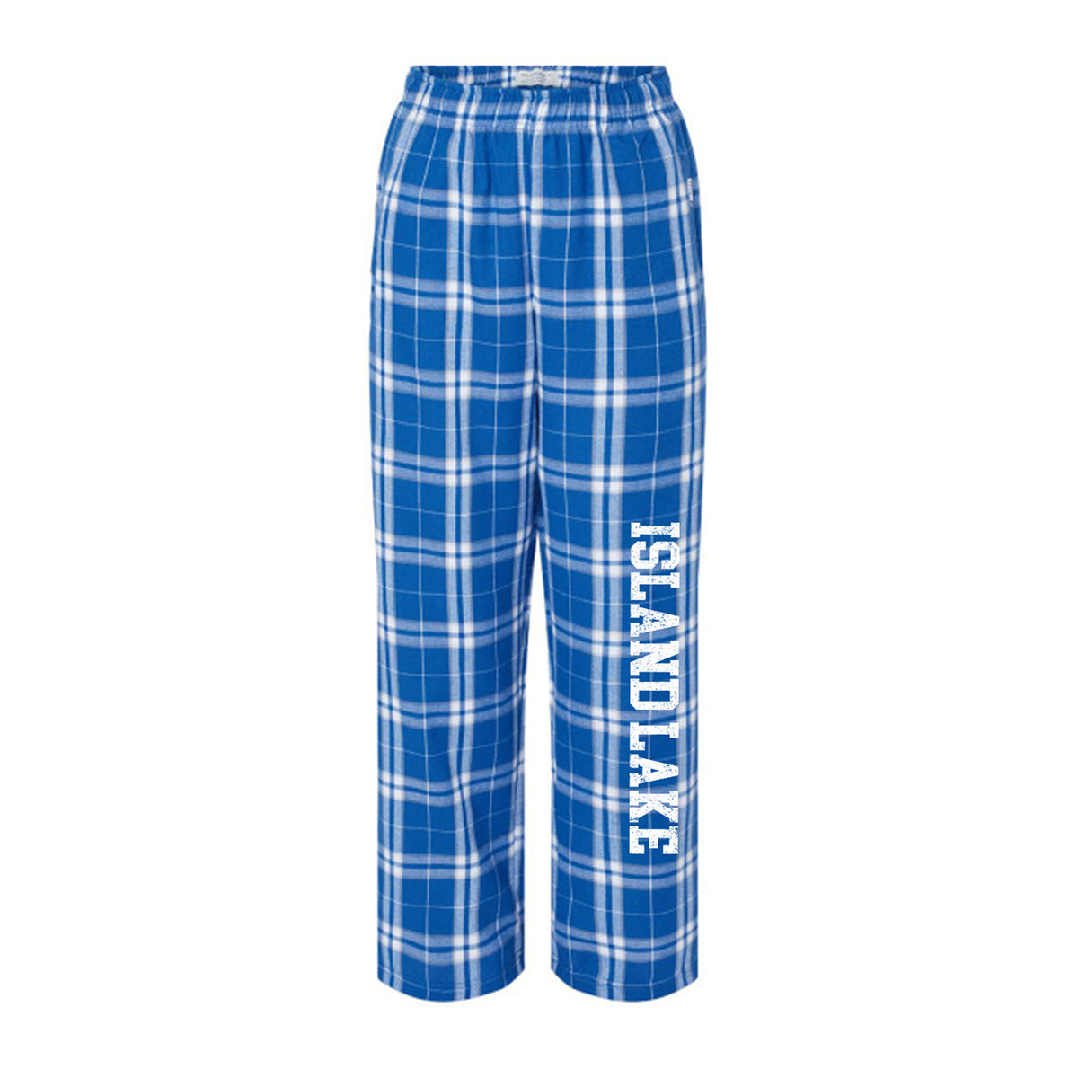 Blue and white plaid flannel pajama pants with Island Lake text on the left leg