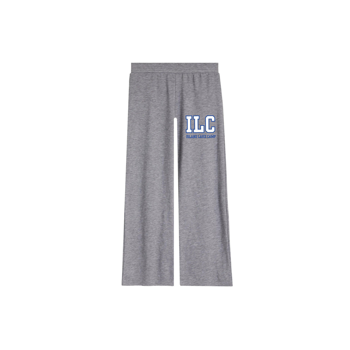 Grey sweatpants with blue ILC Island Lake Camp logo on the upper left leg