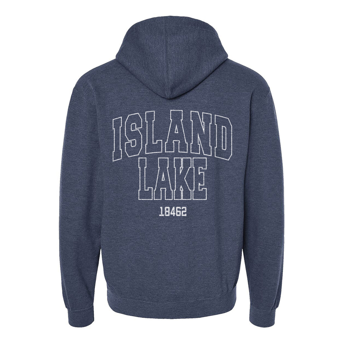 Navy blue hooded sweatshirt with Island Lake 18462 text printed on the back