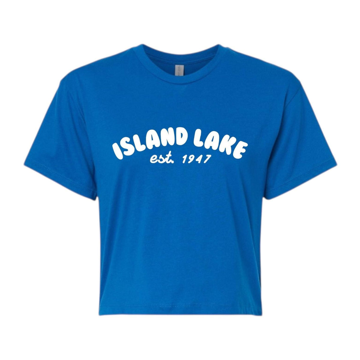 Blue cropped t-shirt with Island Lake est 1947 printed in white text on the chest
