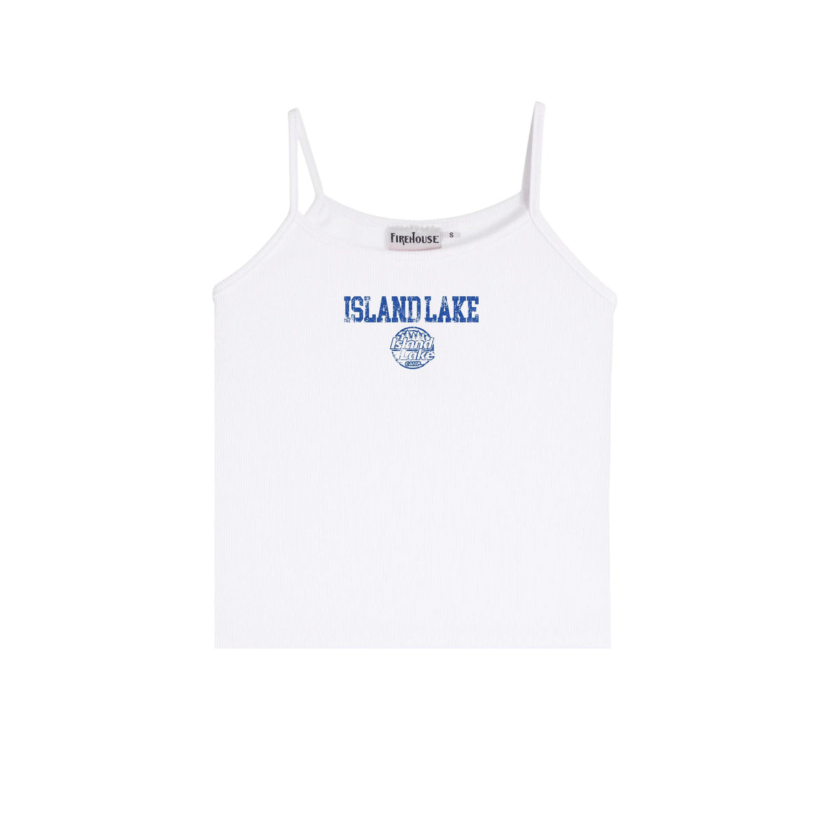 White ribbed camisole with Island Lake Camp graphic print