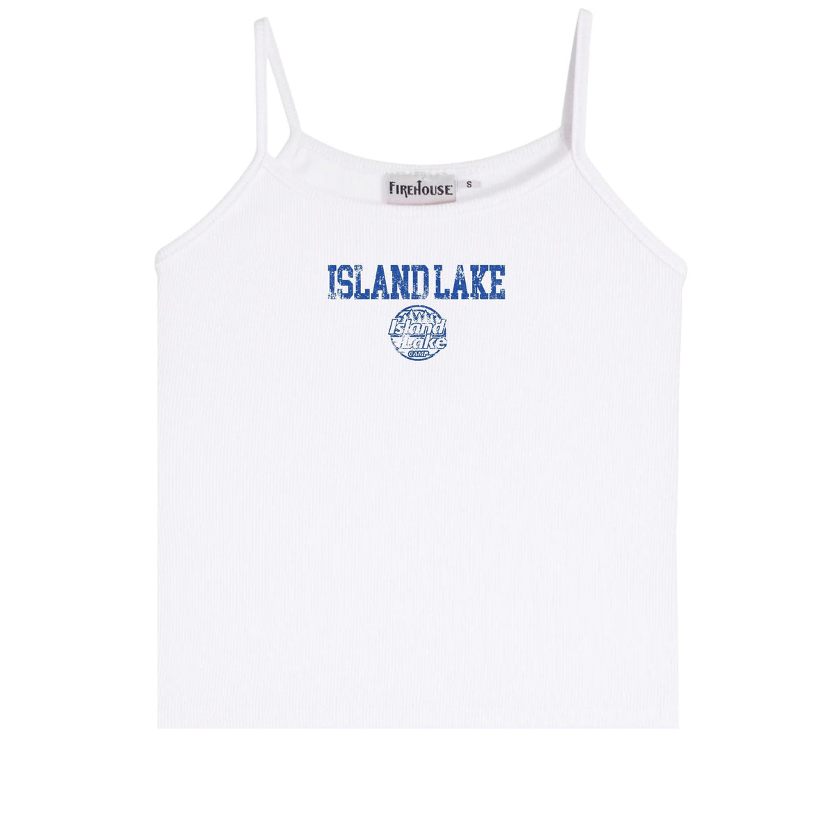 White ribbed camisole with Island Lake Camp graphic print