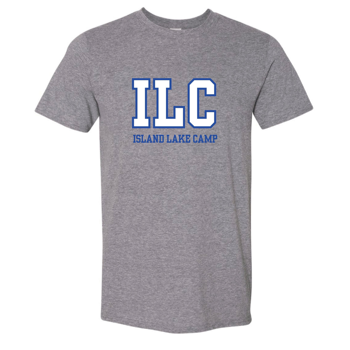 Grey short sleeve t-shirt with blue ILC Island Lake Camp text