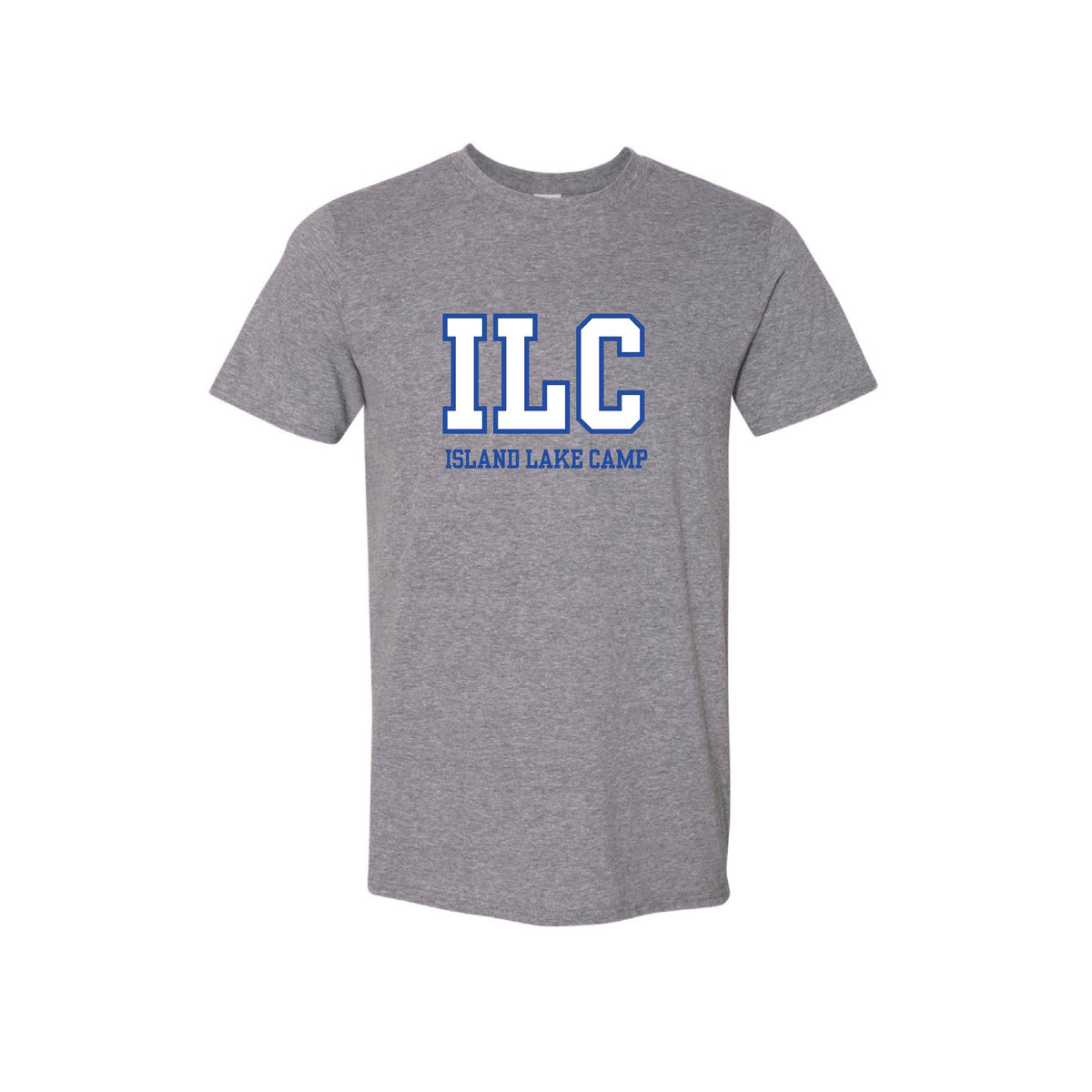 Grey short sleeve t-shirt with blue ILC Island Lake Camp text