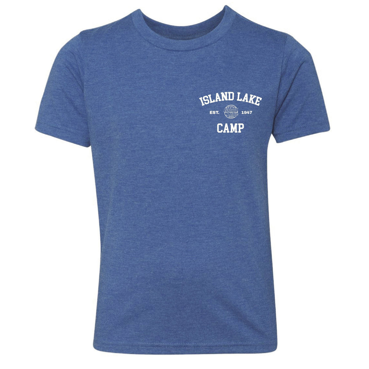 Blue heathered crew neck t-shirt with Island Lake Camp logo on the left chest
