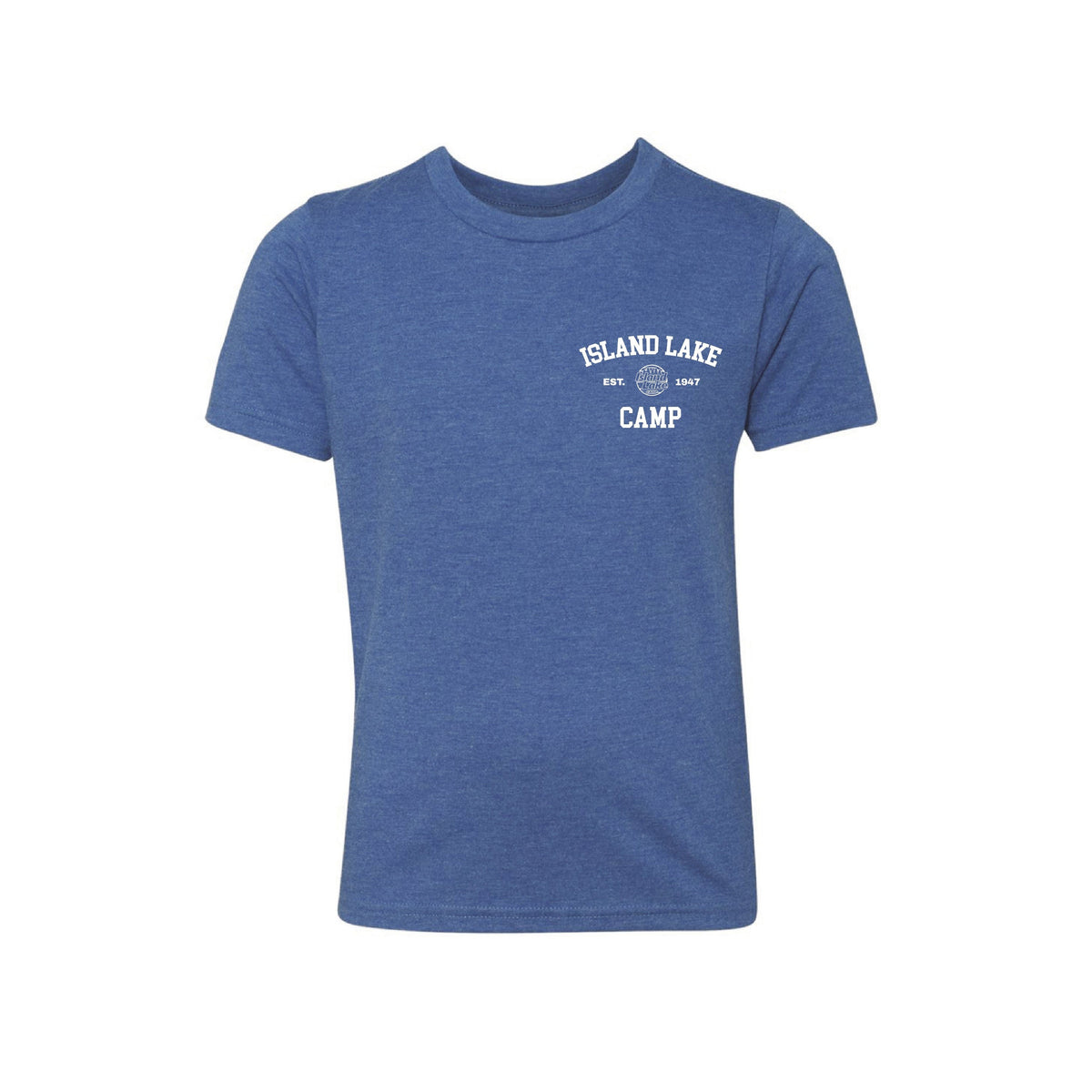 Blue heathered crew neck t-shirt with Island Lake Camp logo on the left chest
