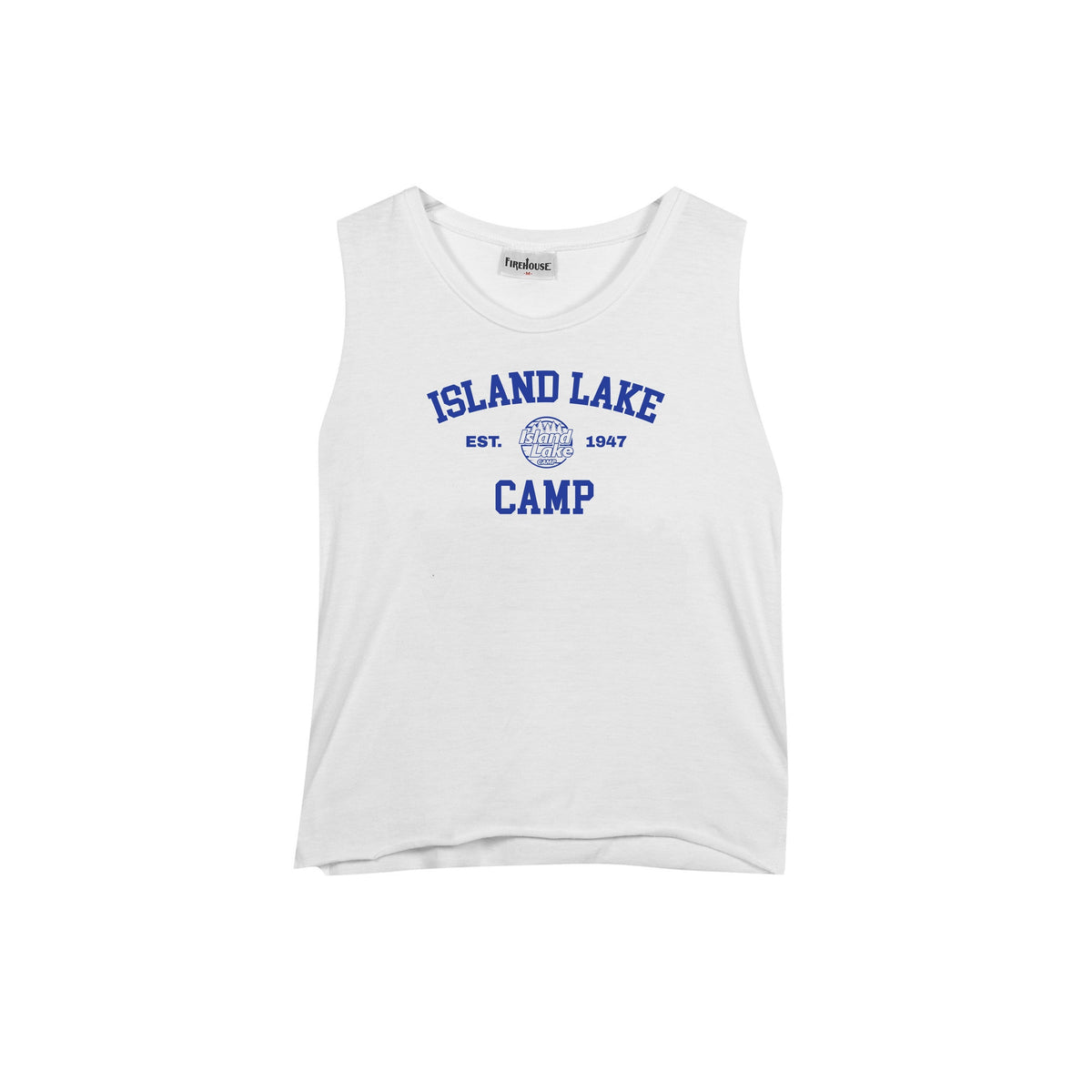 White sleeveless tank top with blue Island Lake Camp text and logo graphic